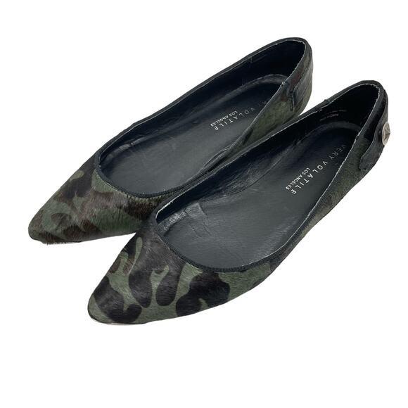Very Volatile | Calf Hair Camo Green & Black Metal Cap Pointed Toe Flats - Picture 1 of 9